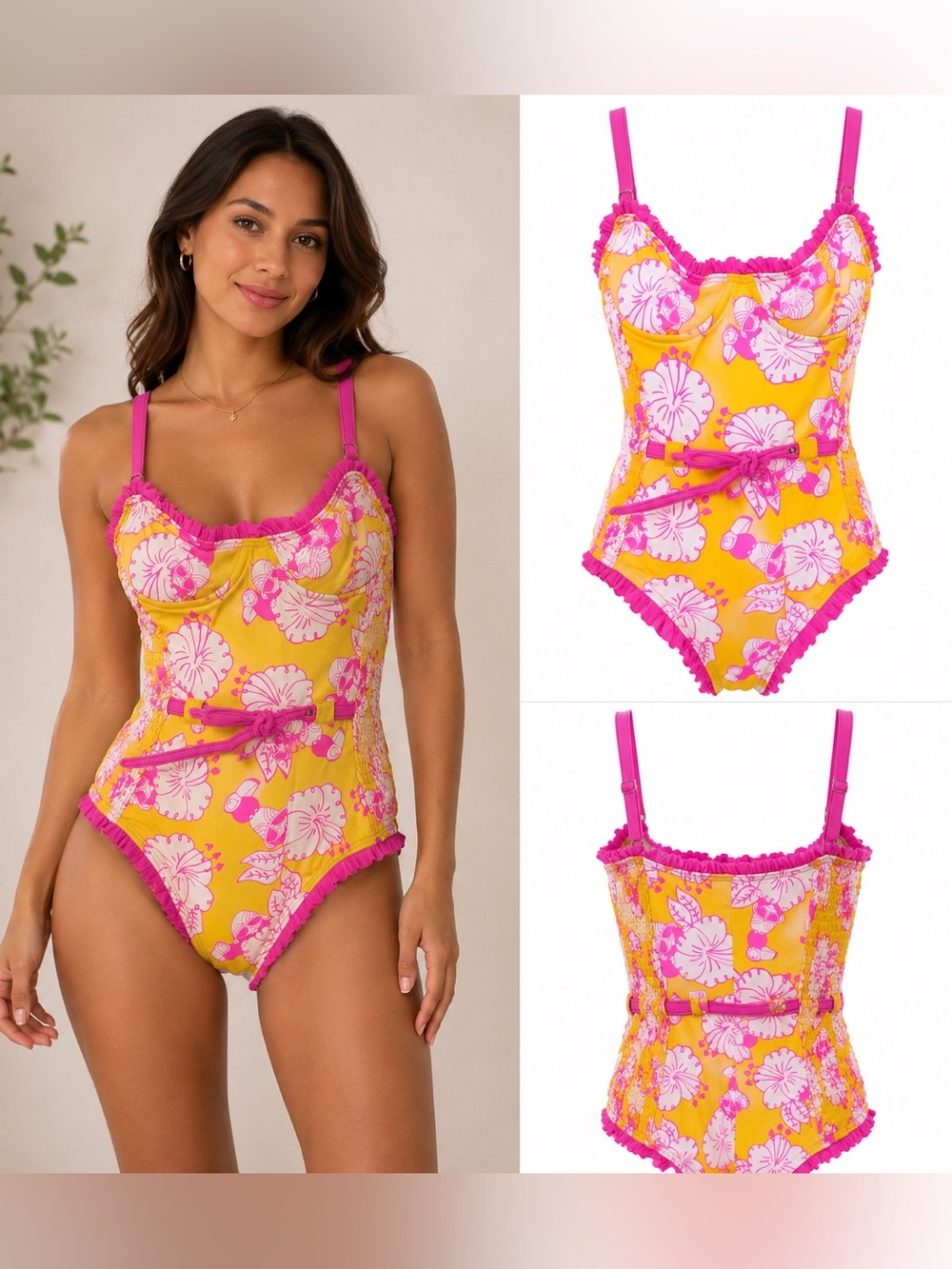 Marc by Marc Jacobs Hot Pink & Yellow Floral Bikini Top